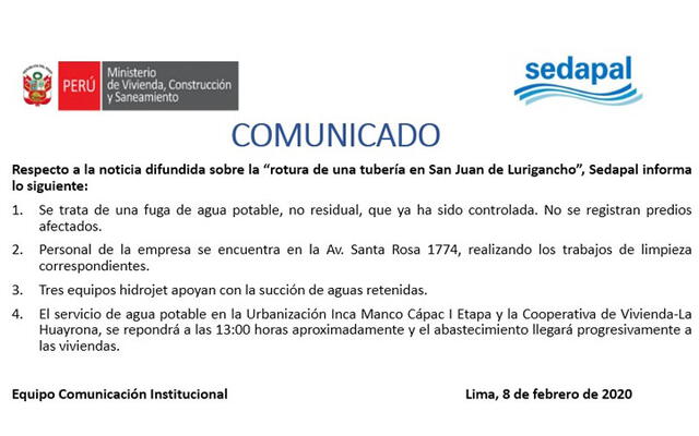 Comunicado de Sedapal sobre San Juan de Lurigancho.
