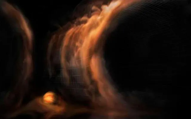 Recreación del gas cayendo como una cascada debido a la presencia del planeta en el disco alrededor de la estrella. Imagen: NRAO.