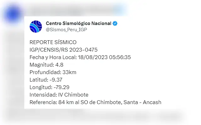 Sismo en Áncash. Foto: captura/IGP Sismo en Áncash. Foto: captura/IGP