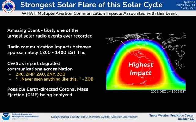  Reporte de la NOAA sobre la llamarada solar del 14 de diciembre. Foto: NOAA   
