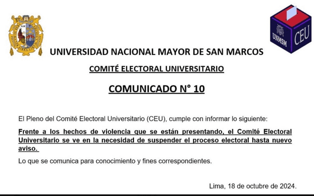 Comunicado de la suspensión de elecciones en San Marcos. Foto: UNMSM   