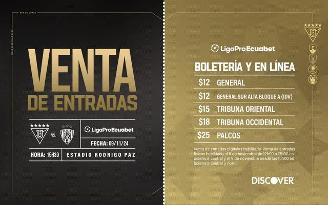  Estos son los precios de esta final adelantada por la Liga Pro de Ecuador. Foto: LDU/X 