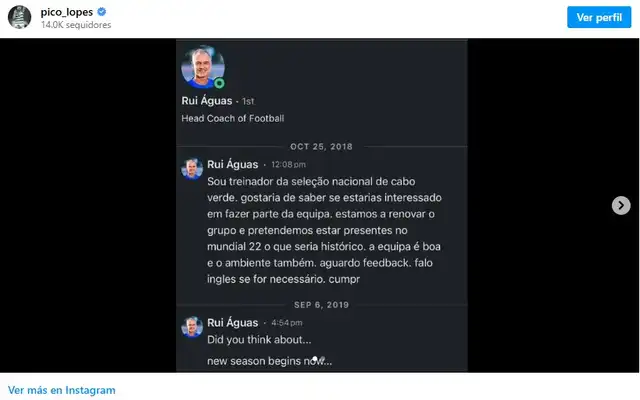 Roberto Lopes compartió el mensaje del entrenador para ficharlo como jugador de Cabo Verde. Foto: pico_lopes/Instagram<br> Roberto Lopes compartió el mensaje del entrenador para ficharlo como jugador de Cabo Verde. Foto: pico_lopes/Instagram<br>