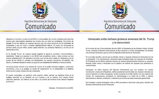  Comunicado compartido por la vicepresidenta de Venezuela donde rechaza las afirmaciones hechas por Donald Trump. Foto: Telegram/Delcy Rodríguez   