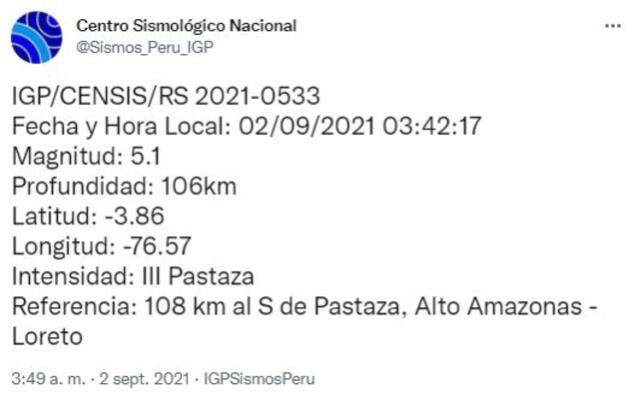 Los datos del sismo en Loreto. Foto: captura Twitter IGP