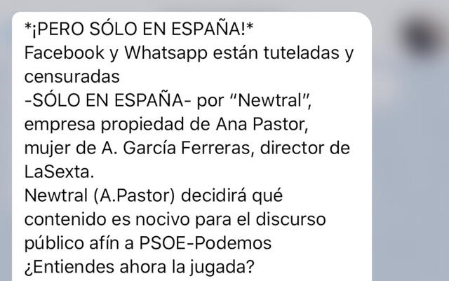Mensaje circulaba en WhatsApp indicando que el reenvío de mensajes solo había sido limitado en España. (Foto: Omicrono)