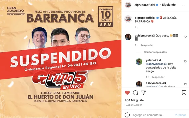 Grupo 5 suspende su concierto en la ciudad de Barranca