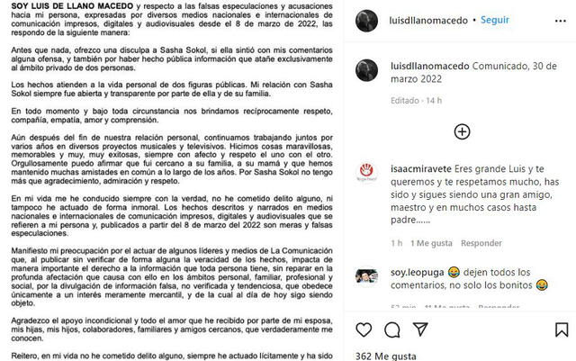 Luis de Llano niega haber abusado de Sasha Sokol cuando era menor de edad. Foto: Luis de Llano/Instagram