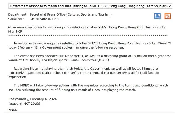 Comunicado de prensa del gobierno de Hong Kong. Foto: Hong Kong Free Press   