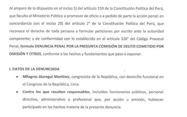  Extracto de la denuncia contra Milagros Jáuregui | Foto: Difusión.   