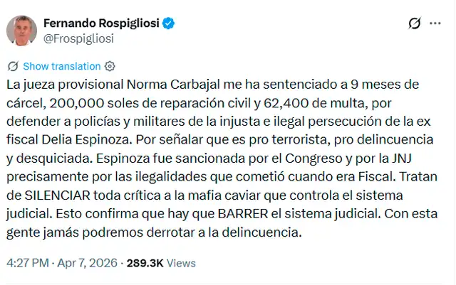 Pronunciamiento del congresista tras condena. Foto: X  