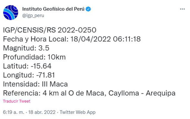 Datos del sismo en Arequipa. Foto: captura de Twitter @igp_peru