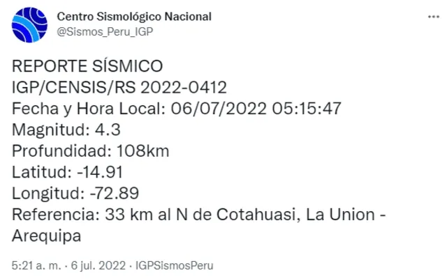 Sismo en Arequipa 6 de julio 2022-IGP