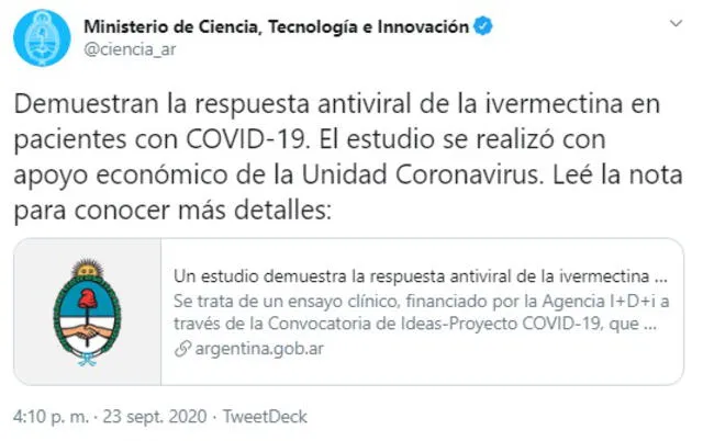 El Gobierno argentino destacó el estudio sobre la ivermectina. Imagen: captura de Twitter