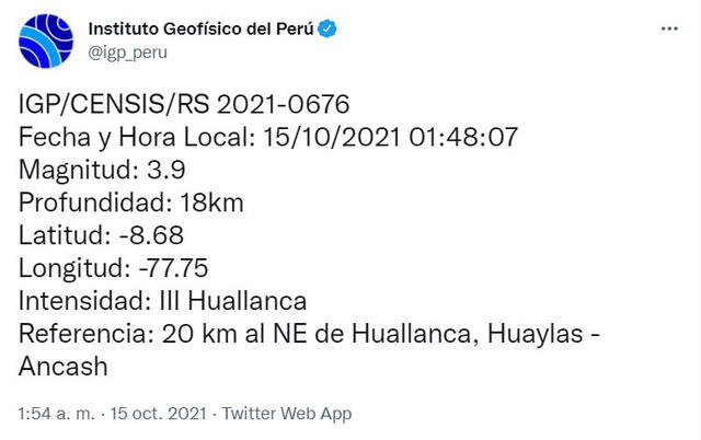 Datos del sismo en Áncash. Foto: Twitter IGP