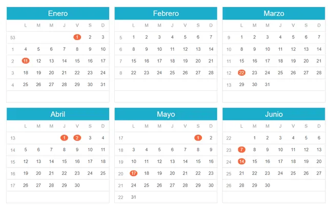 Calendario con los feriados 2021 en Colombia. Foto: captura/calendario hispanohablante