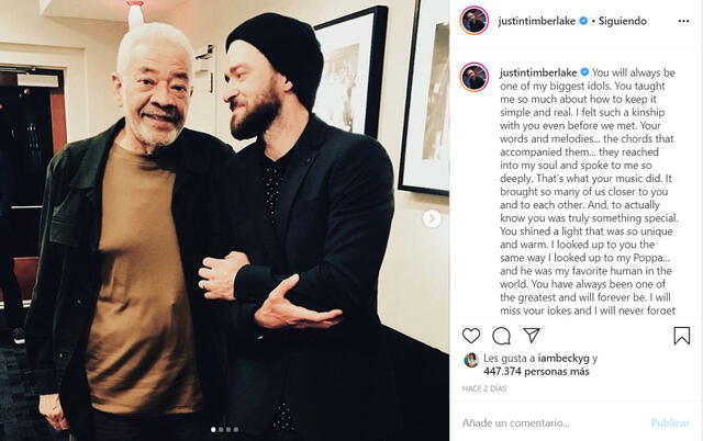 La publicación de Justin Timberlake en Instagram, con una emocionante declaración hacia Bill Withers.