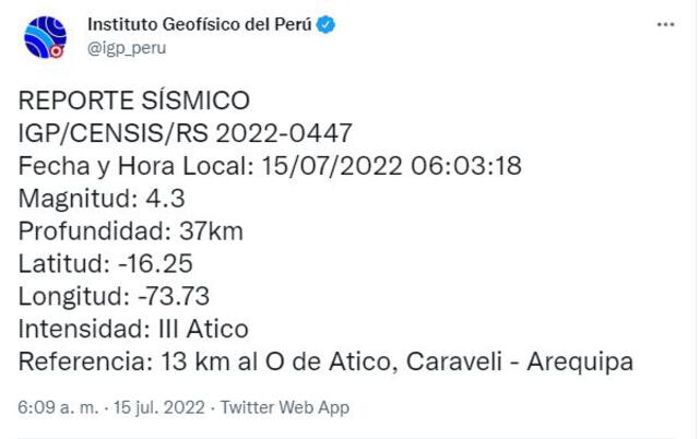 Datos del sismo en Arequipa. Foto: captura Twitter / @igp_peru