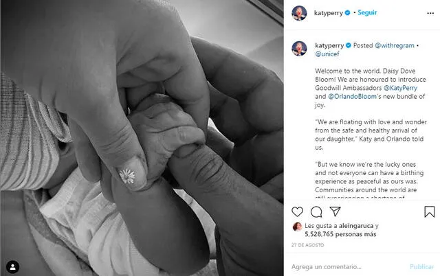 Katy Perry anuncia el nacimiento de su primera hija en redes sociales | Fotocaptura Instagram