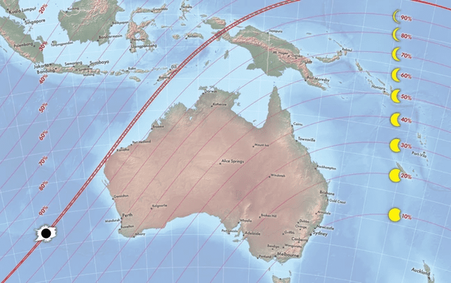 En el siguiente mapa de Australia se puede apreciar las zonas que verán los distintas fases del eclipse solar. Foto: Michael Zeiler/Greatamericaneclipse.com   