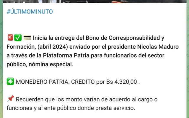 El Bono de Corresponsabilidad y Formación llegó el 9 de abril. Foto: Canal Patria Digital/Telegram
