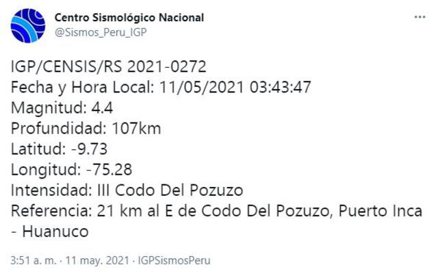 Datos del temblor en Huánuco. Foto: captura Twitter