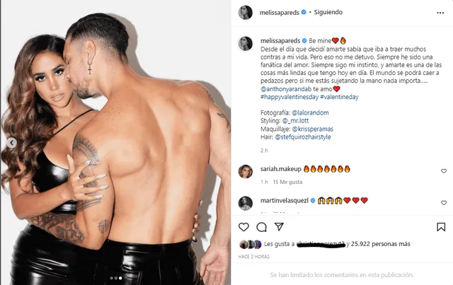 Melissa Paredes declara su amor a Anthony Aranda con romántica postal. Foto: Melissa Paredes/Instagram