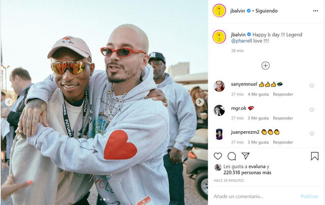 La publicación de J Balvin en Instagram, con un mensaje para Pharrell Williams.