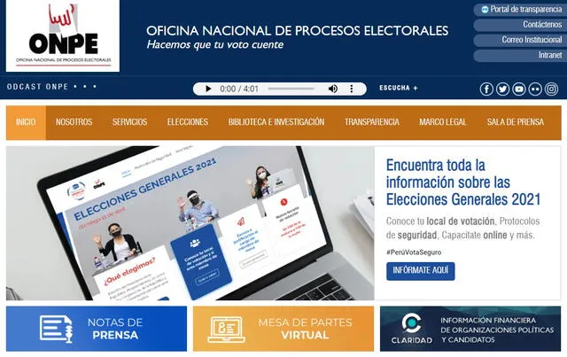 Dentro de la página de la ONPE, haz clic en 'Encuentra toda la información sobre las Elecciones Generales 2021'. Foto: captura/web ONPE