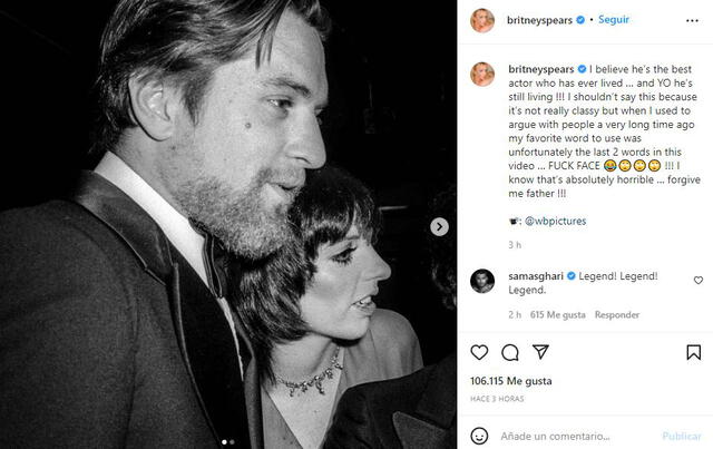 La publicación de Britney Spears elogiando a Robert De Niro.