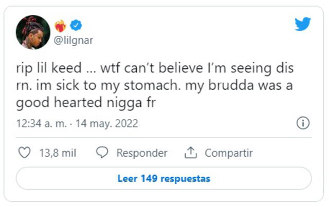 14.5.2022 | Tuit del rapero Lil Gnar lamentando la muerte de Lil Keed. Foto: captura Twitter.