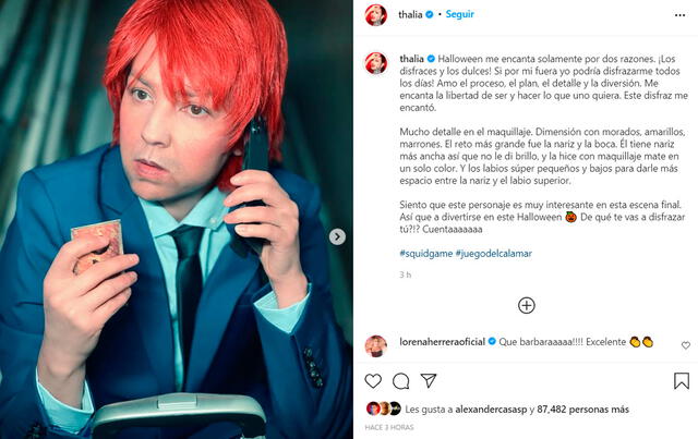 31.10.2021| Post de Thalia explicando su  caracterización como Seong Gi‑Hun de Squid Game. Foto: Thalia / Instagram