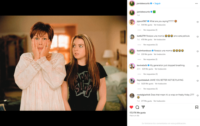  Jamie Lee Curtis comparte fotografía de una escena del film 'Un viernes de locos'. Foto: Captura de Instagram de Jamie Lee Curtis   