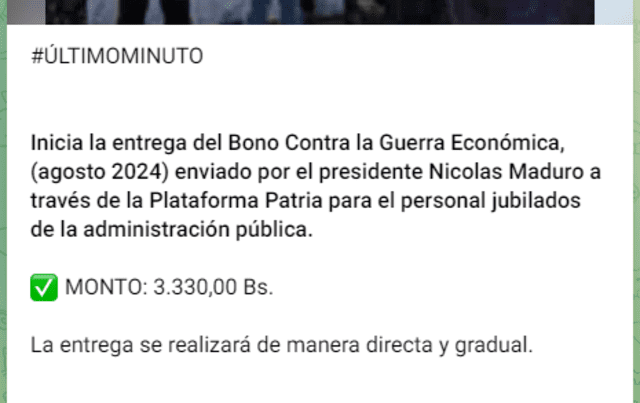 El segundo pago del Bono de Guerra de este mes llegó el 17 de agosto. Foto: Canal Patria Digital/ Telegram