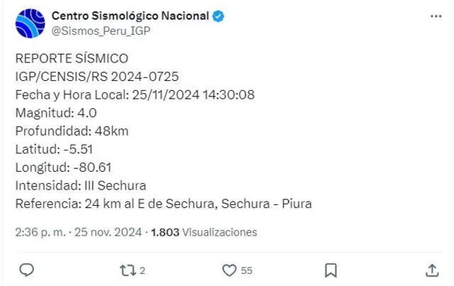 Sismo de este 25 de noviembre en Piura ocurrió a las 2:30 p. m. Foto: captura X/IGP   