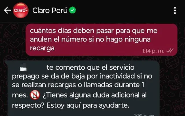 Respuesta del canal de atención de Claro por WhatsApp. Foto: propia   