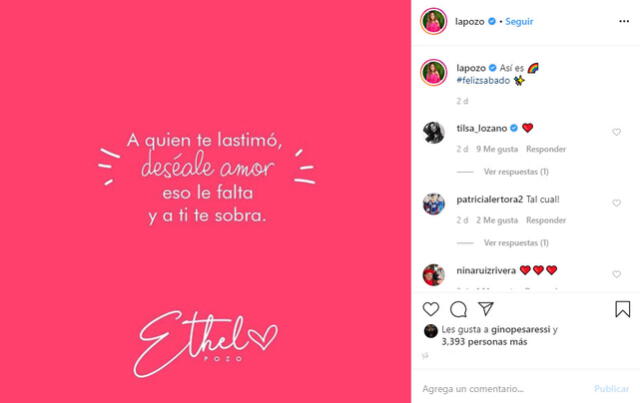 Ethel Pozo lanza indirecta en su cuenta de Instagram