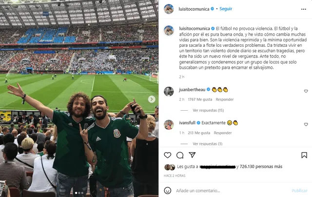 Luisito Comunica dijo sentirse muy afectado por la masacre campal que protagonizaron sus compatriotas en un encuentro de fútbol. Foto: Instagram