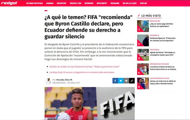 Byron Castillo es polémica en Chile. Foto: Captura Red Gol
