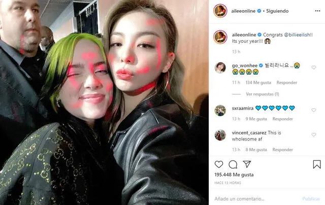 Ailee compartió una selfie que se tomó junto a Billie Eilish en los Grammy 2020.