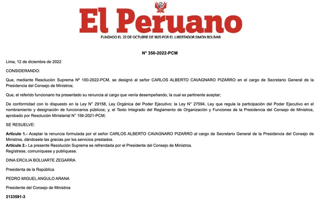 Renuncia de Carlos Cavagnaro. Foto: El Peruano.