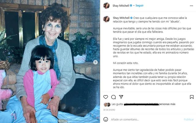 Shay Mitchell se mostró muy afectada por el deceso de abuela. Foto: Shay Mitchell/Instagram