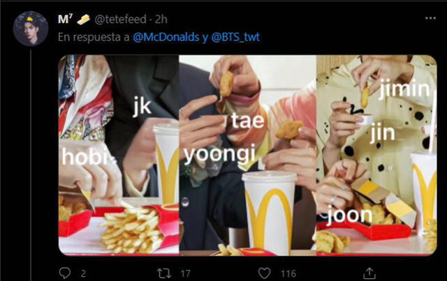 Predicción de ARMY al "Who's who" de McDonalds sobre BTS. Foto: captura Twitter