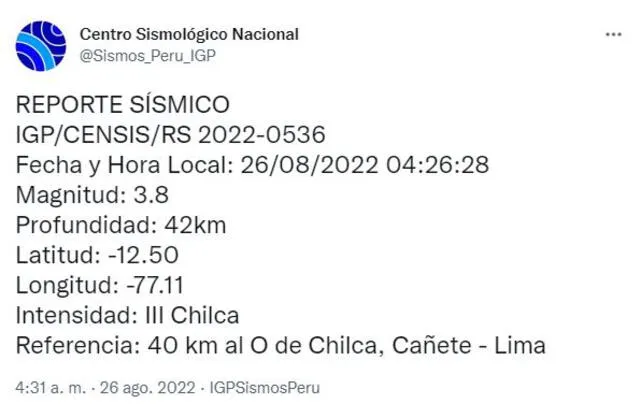 Datos del sismo en Lima. Foto: IGP