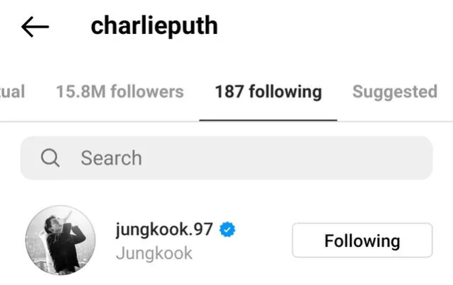 Charlie Puth sigue a Jungkook en Instagram. Foto: captura vía Twitter