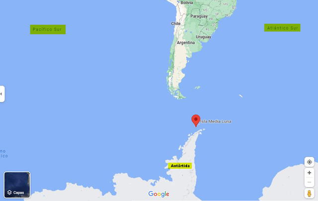 Mapa. Isla Media Luna es parte de la Antártida. Foto: composición / Google Maps.