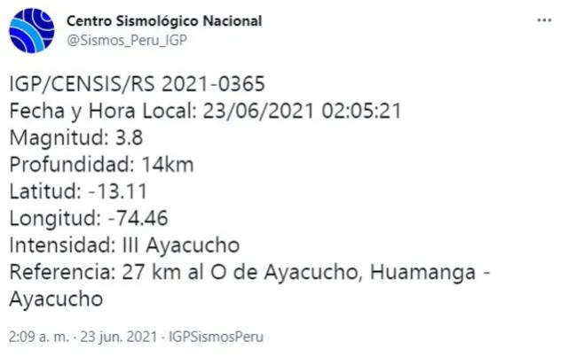 Datos del sismo en Ayacucho. Foto: captura de Twitter
