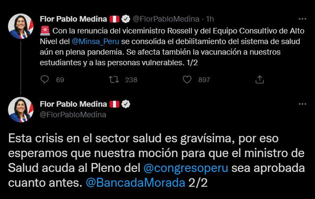 Flor Pablo considera que permanencia en el cargo de Hernán Condori perjudica al Minsa. Foto: captura de Twitter