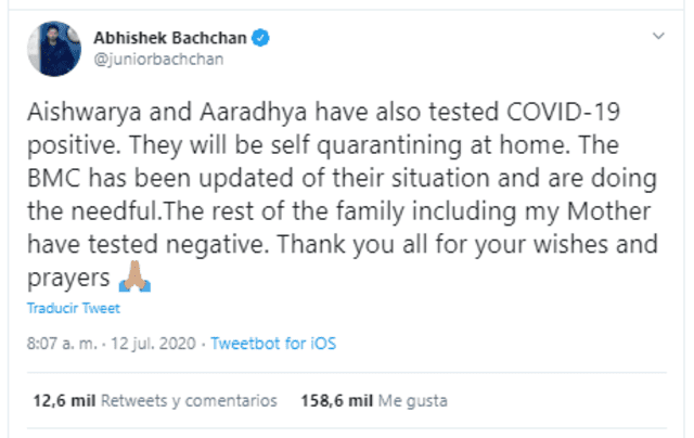 Publicación de Abhishek Bachchan confirmando que su esposa, Aishwarya Rai y su hija Aaradhya tienen COVID19. Crédito: captura Twitter