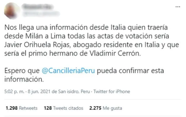Usuaria anuncia que supuesto primo de Vladimir Cerrón sería el responsable de trasladar actas electorales desde Milán, Italia. Foto: Twitter.